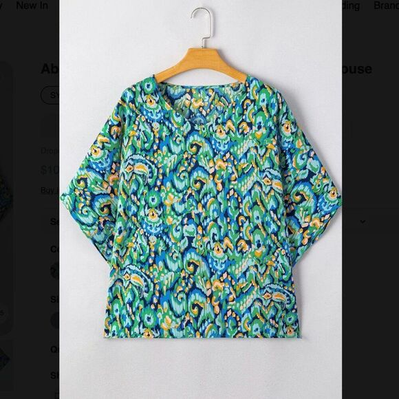 NWT Abstract Print V Neck Half Sleeve Loose Fit Blouse Turquoise - small - Picture 4 of 9